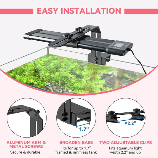 Hygger LED mounting bracket illustrating height adjustment from Two to Six inches above the water surface