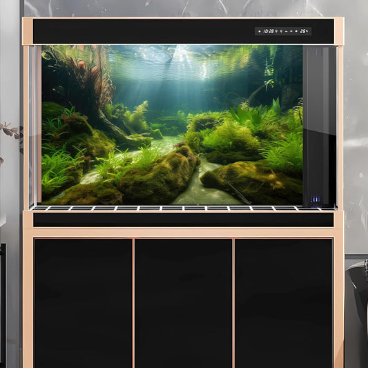 OHIOCATII vinyl fish tank backdrop showing realistic sunbeams filtering through water.