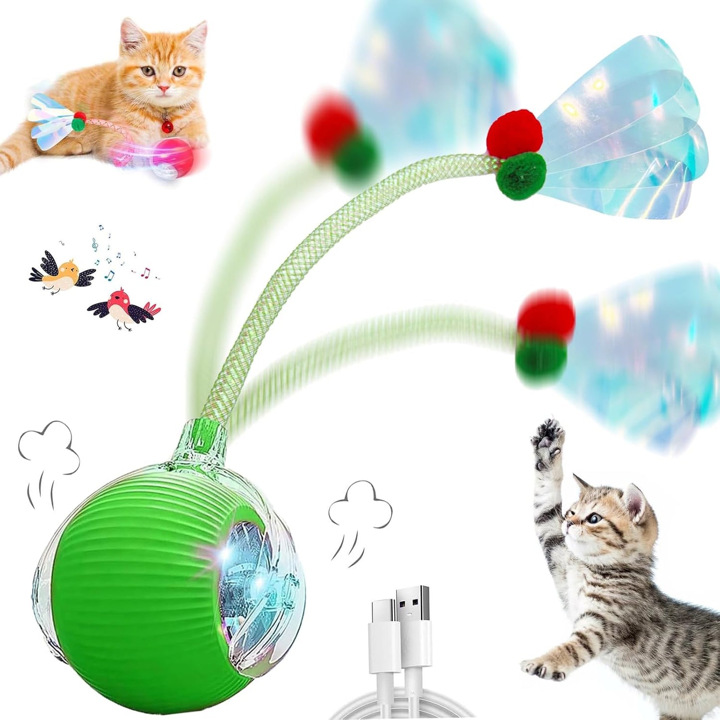 Speedy 2.0 Tail 2 Packs Interactive Cat Toys for Indoor Cats, Automatic Cat Toy with Elastic Mesh Tail, Electric Rolling Ball on Carpet, Chirping and Motion Activate Cat - Image 15