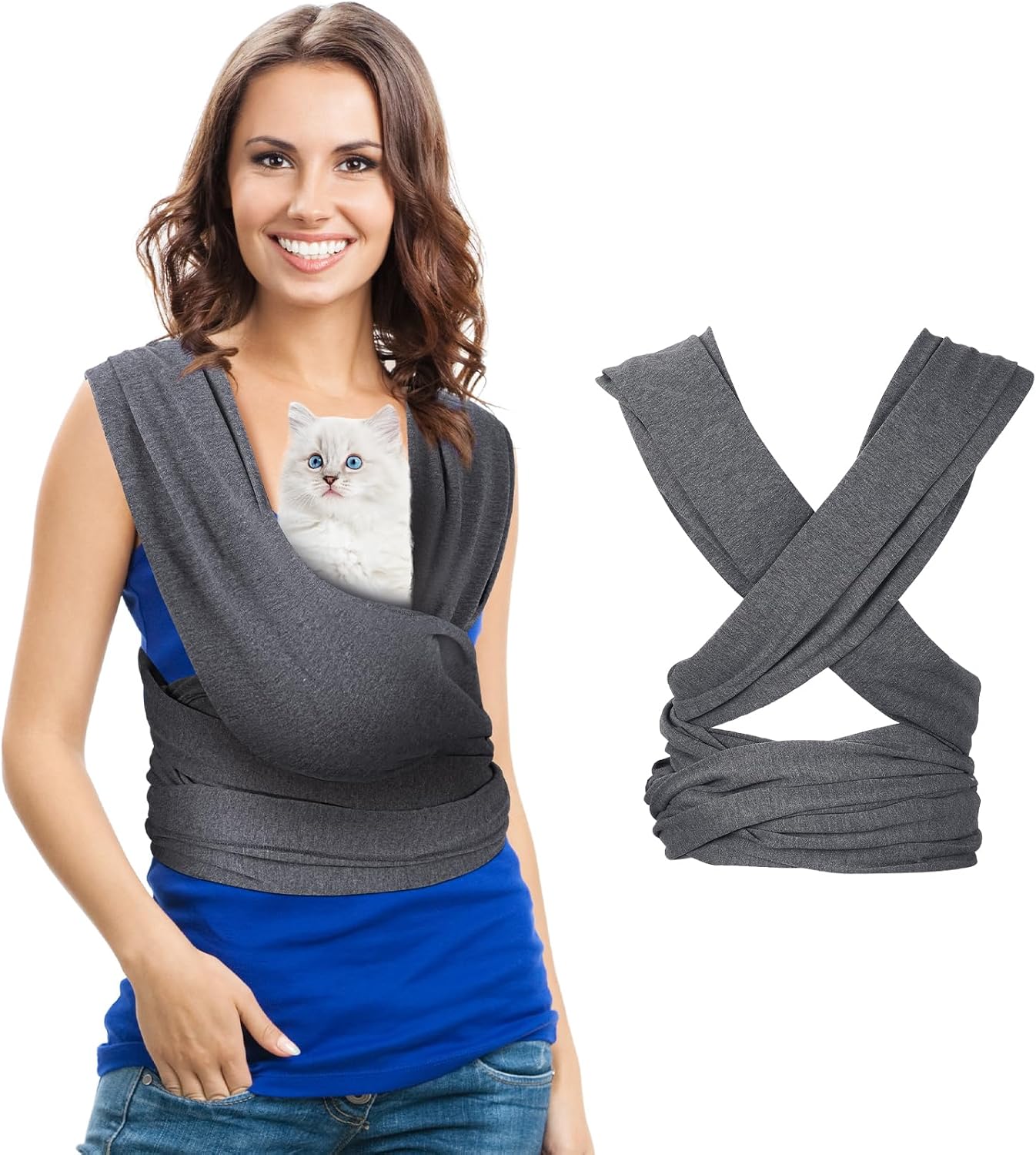 Dog Sling Carriers, Cat Wrap Carrier Chest, Front Facing Dog Sling, Hands Free, Size Adjustable, Soft Cotton, Swaddle Bag for Outdoor(Light Grey) - Image 10