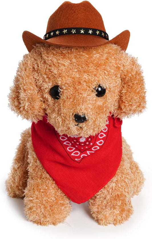 Adjustable brown felt pet cowboy hat with gold star pin detail close up view.