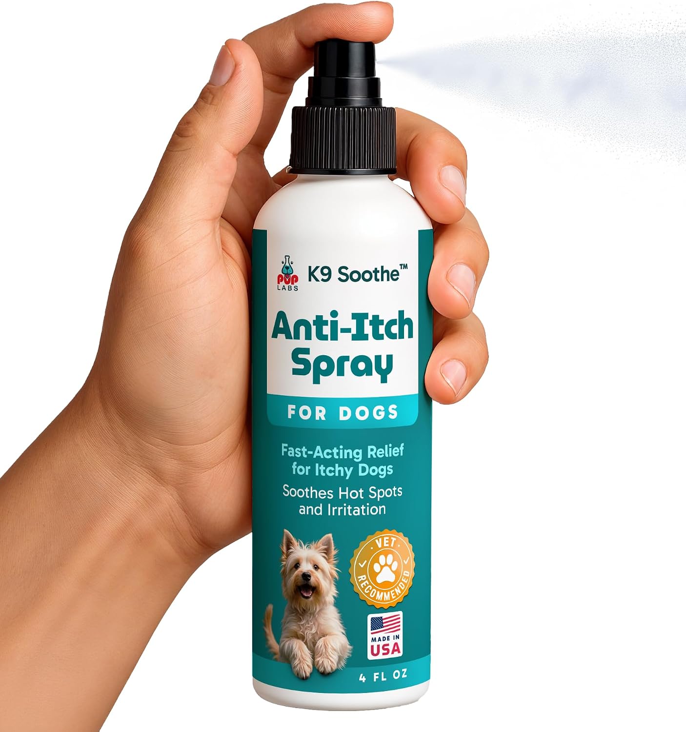 Pup Labs skin and coat protective spray bottle side view showing directions