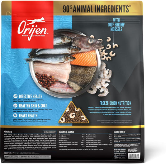 ORIJEN high protein grain free cat food bag showing freeze dried shrimp ingredients