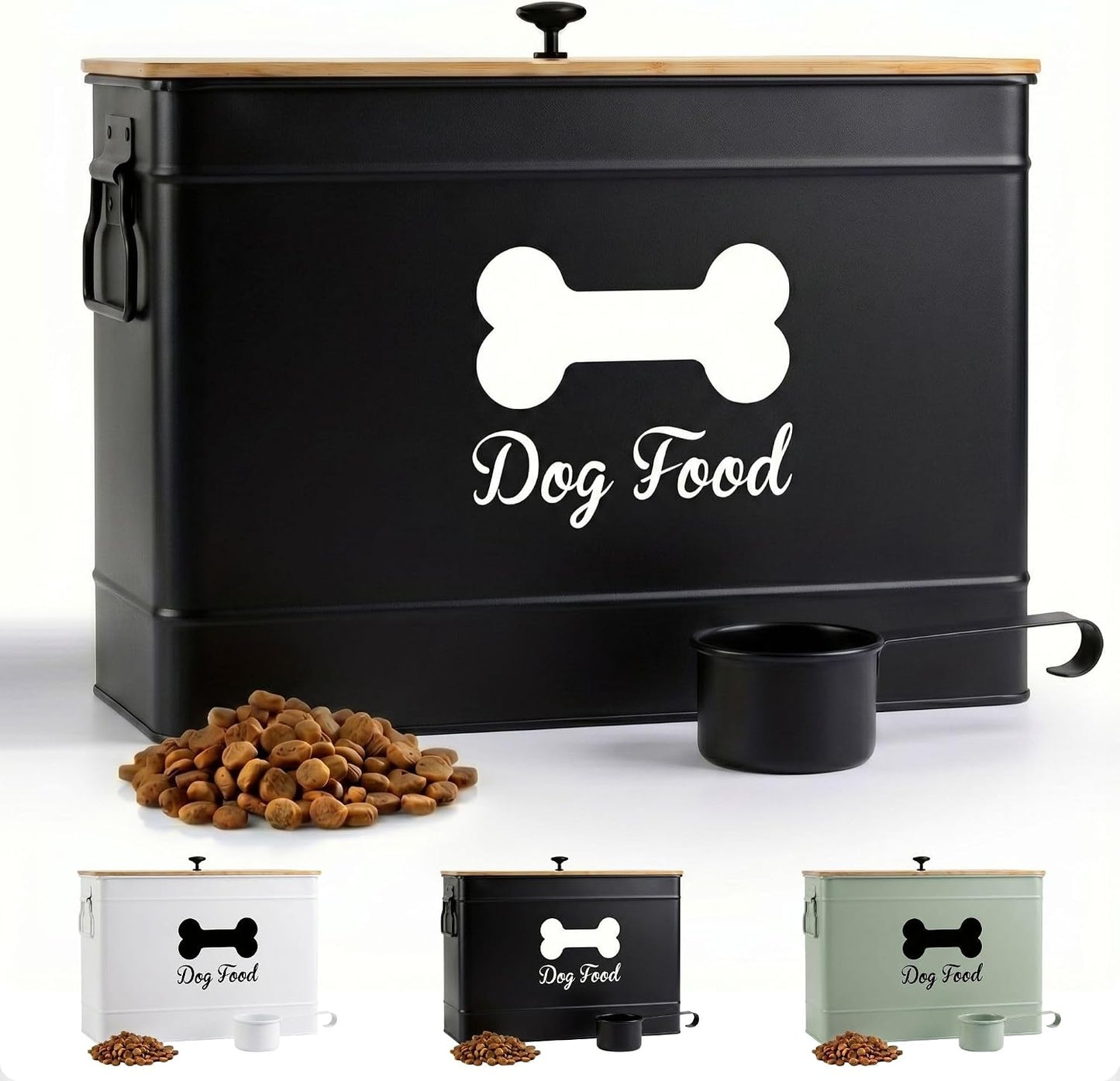 Dog Food Container Airtight 15-20 lb (70 Cup) Capacity with Metal Scoop - Cute Airtight Dog Food Storage Container with Bamboo Lid - White Metal Kibble Storage Bin for Dogs up to 100 lbs - Big Pet Jar - Image 10