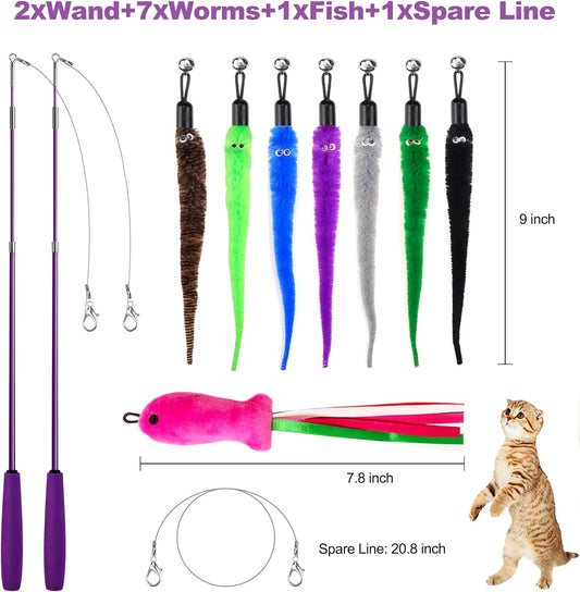 Close up view of the ZeyZoo plush worm attachments with small bells for kitten exercise.