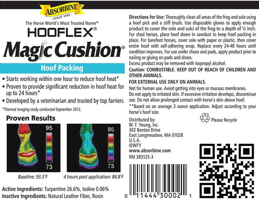 Absorbine Hooflex Magic Cushion container demonstrating veterinary formulated cooling paste for horse hooves