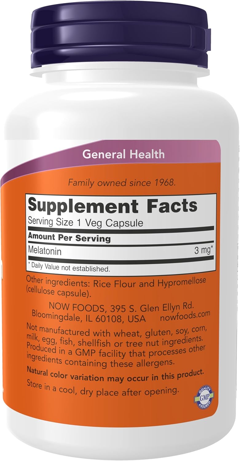 Supplement facts and dosage instructions on the back label of Now Foods Melatonin 180 count bottle.
