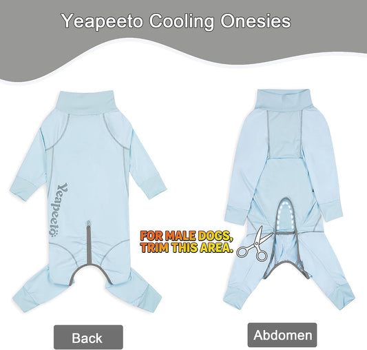 Ice blue dog jumpsuit showing full body coverage
