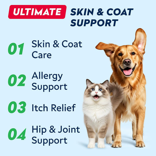 StrellaLab pet fish oil liquid pump dispenser bottle showing Omega 3 benefits.