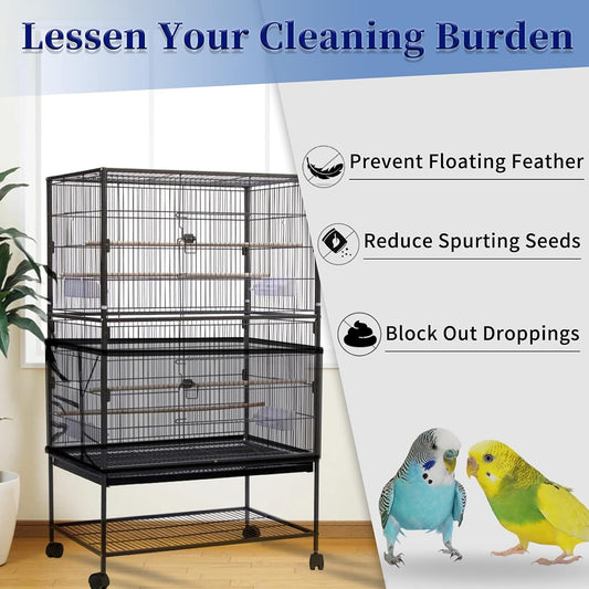 Close up of Daoeny bird cage seed catcher showing secure drawstring and plastic lock buckle.