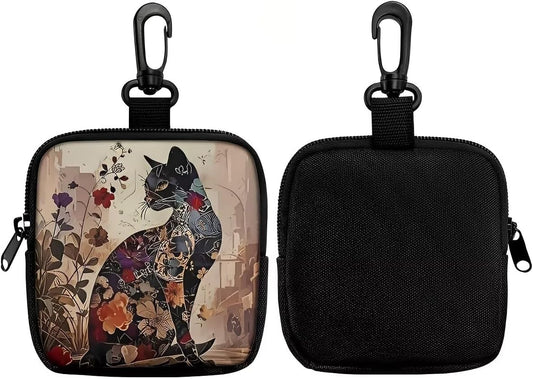 Black cat floral pouch attached to a belt for hands-free carrying