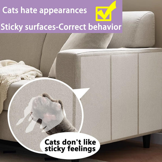Transparent furniture protector tape on a fabric sofa