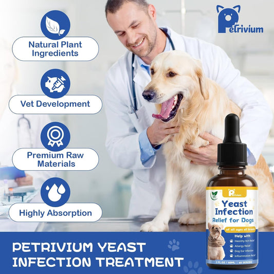 Herlosfeel canine allergy relief herbal supplement dropper bottle showing product details.