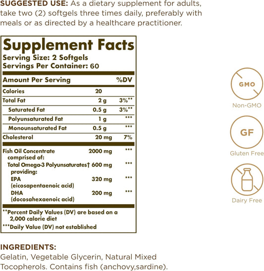 Solgar Omega 3 Fish Oil Concentrate supplement nutrition facts and ingredient label.