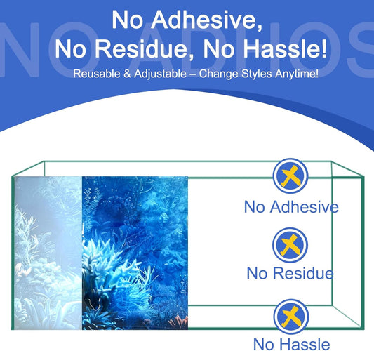 Waterproof PVC aquarium wallpaper poster showing zero residue application on glass.