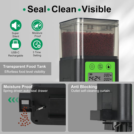 Lychee aquarium food dispenser showing the 320 milliliter large capacity storage bin.