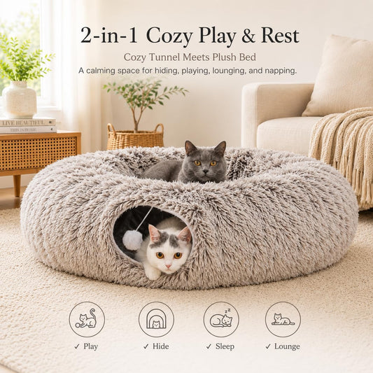 Brown collapsible plush three way cat play tube tunnel with central mat