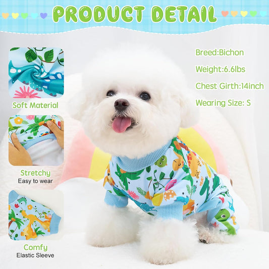 XPUDAC stretchy dog clothes displaying the collection of four different playful animal and fruit patterned jumpsuits.