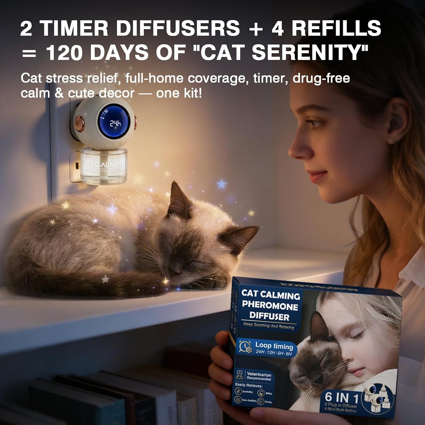 6 in 1 with Timing Function Cat Calming Diffuser Multicat Calming Pheromones Diffusers 60 Days Calm Relaxing Pheromone for Cats kit 48ml Relief Stress Anxiety Fighting Scratching - Image 9
