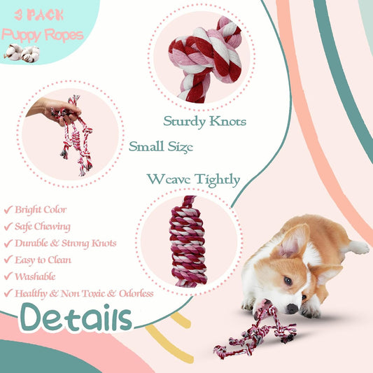 Close up of the durable pink and white braided cotton three knot rope chew toy for puppy teething.