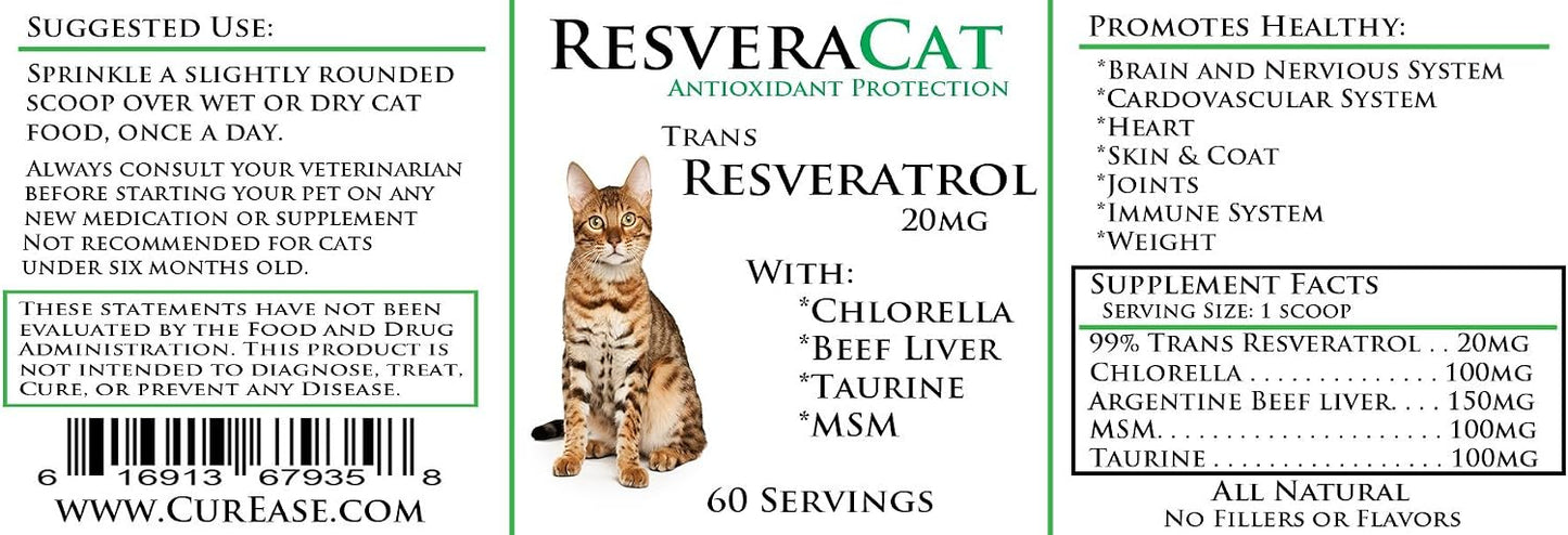 CurEase ResveraCat feline supplement jar with ingredient highlights