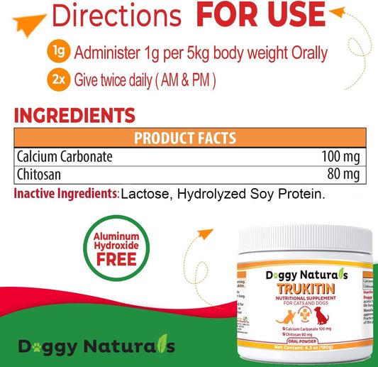Trukitin chitosan oral powder supplement jar showcasing natural human grade ingredients label.