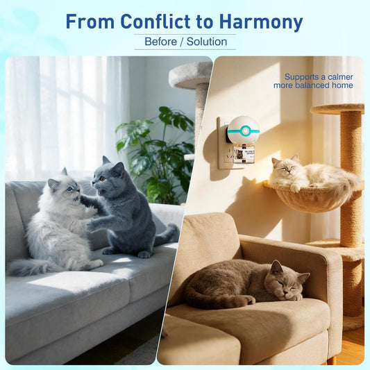 Spherical white plug-in diffuser and two forty-eight milliliter refill bottles of SHIORI feline pheromones on a clean background