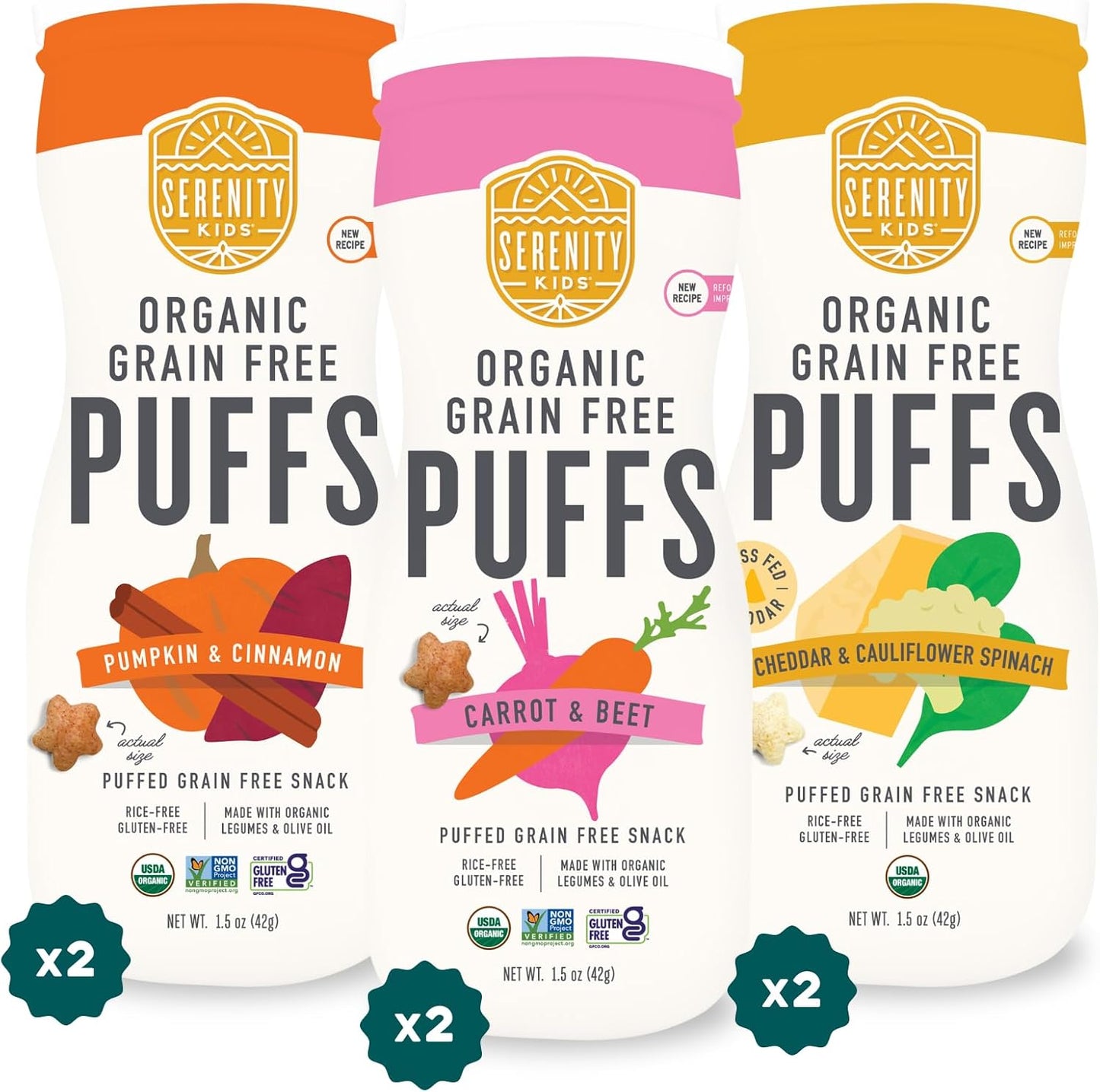 Serenity Kids Organic Grain Free Baby Puffs Variety Pack 6 count canisters front view premium USA imported baby food snack