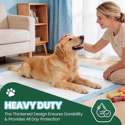 Disposable puppy training pads spread out on hardwood floor demonstrating large size coverage.