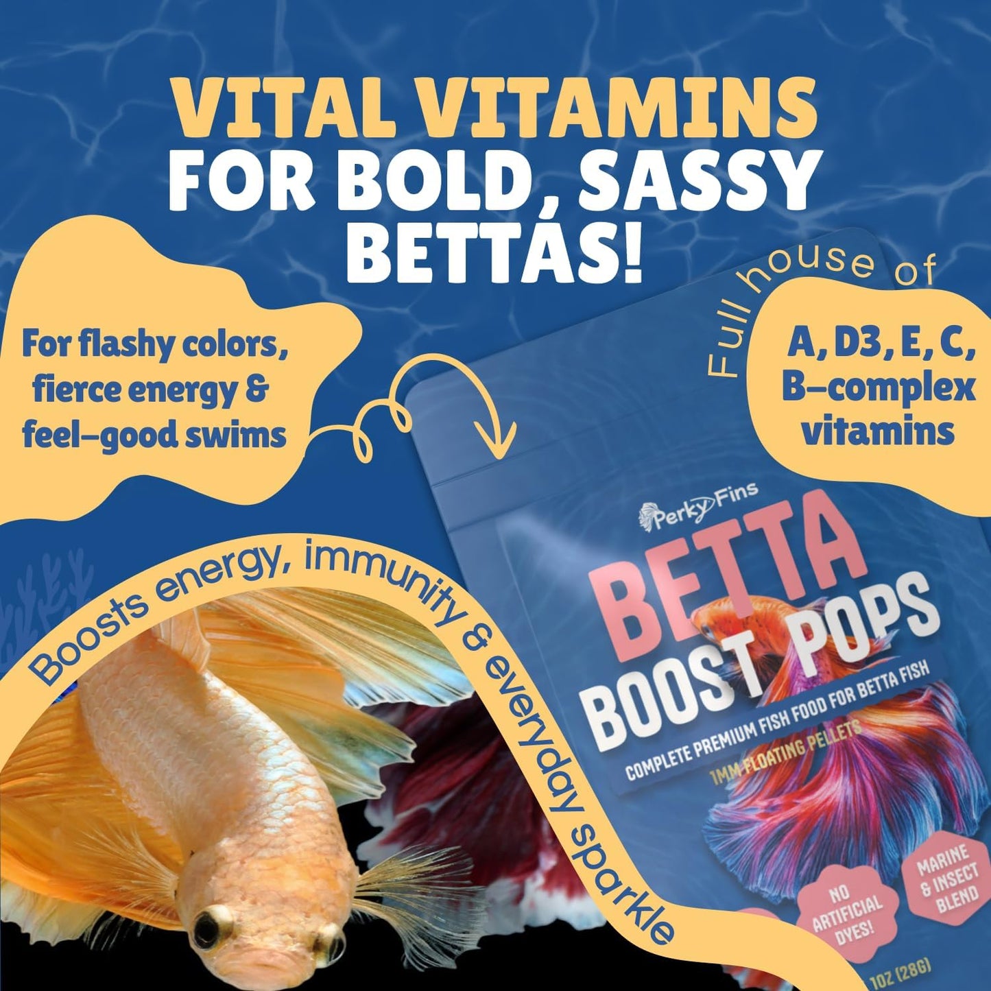 Perky Fins Betta Boost Pops high protein black soldier fly larvae and krill blend display.