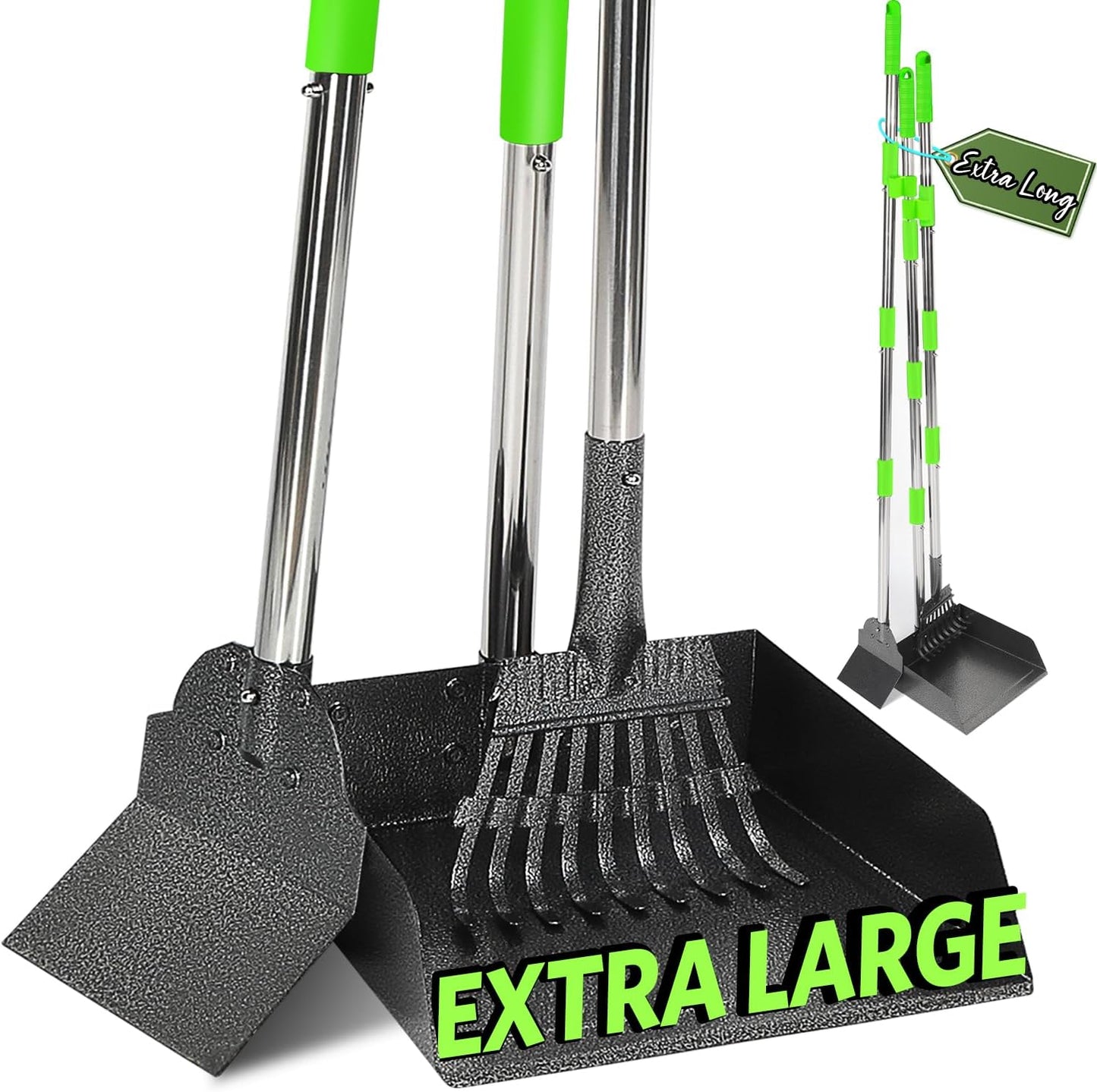 Ergonomic anti slip handle grip on heavy duty dog poop scooper.