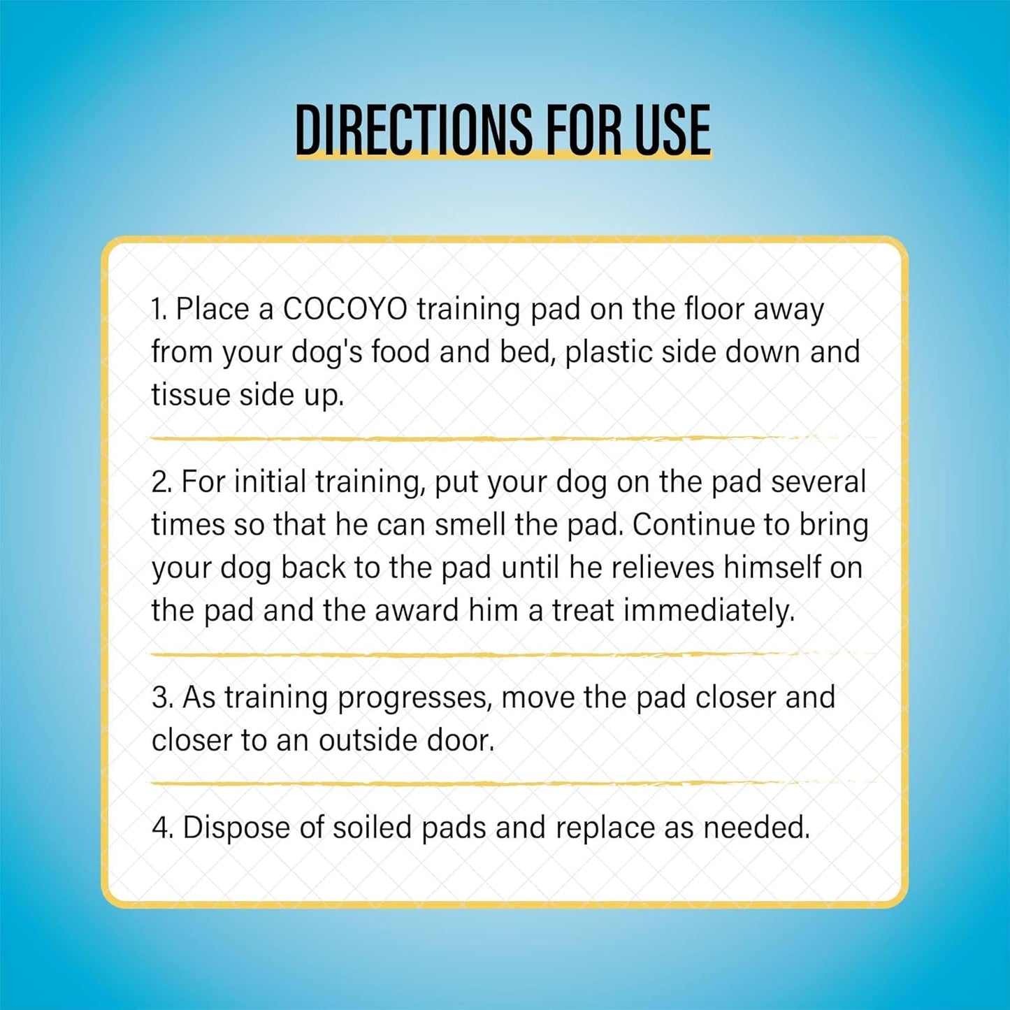 COCOYO white and blue dog puppy pads showing the polyethylene backing protection