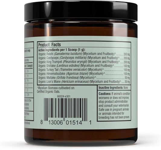 Dr. Mercola organic mushroom powder for cats and dogs supplement label details showing USDA Organic logo.