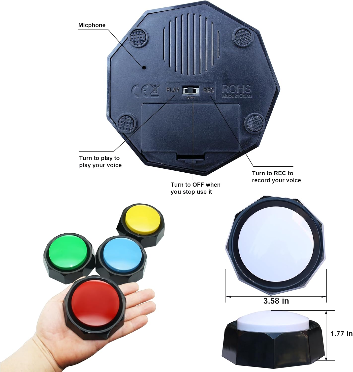 Underneath view of the dog talking buzzer demonstrating the durable build quality and easy record play switch setup