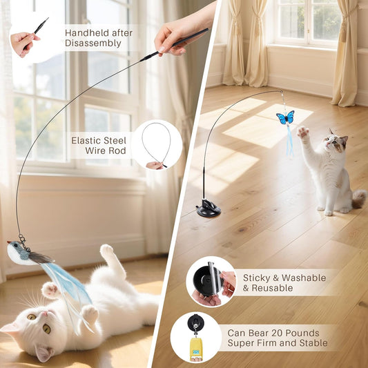 Four in one indoor feline toy kit with interchangeable feather birds and hanging door attachments.