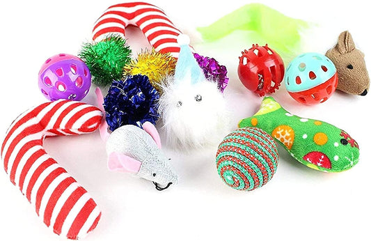 Midlee cat stocking toy assortment including plush mice and candy canes