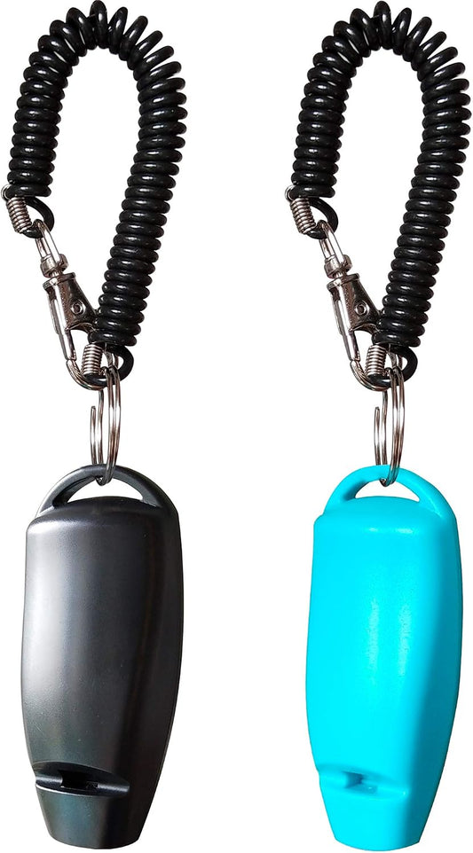 HoAoOo dog clicker with wrist strap in black and blue colors for obedience coaching.