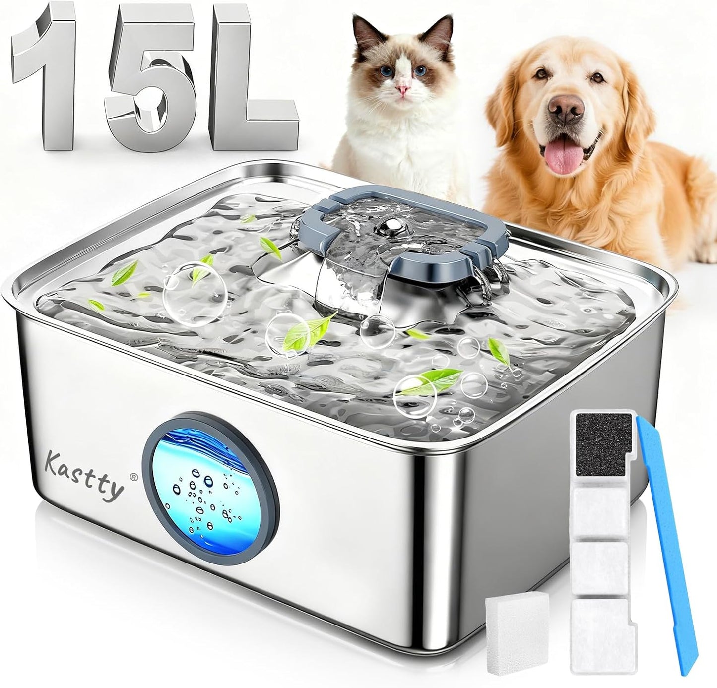 Kastty 4 Gal Dog Water Fountain for Large Dogs,15L Stainless Steel Dog Water Bowl Dispenser Triple Filtration,Ultra Quiet Automatic Pet Water Fountain with Water Level Window and LED Light(FS76) - Image 10
