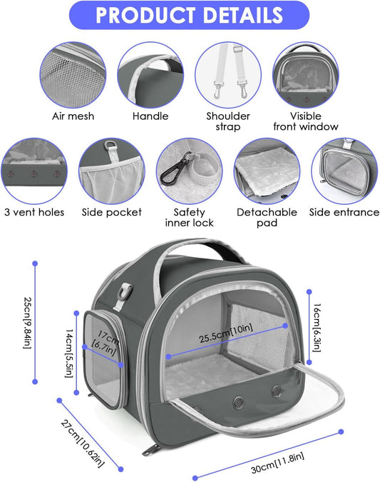 Bissap Bearded Dragon Travel Carrier, Portable Guinea Pig Carrier Bag Tortoise Carrier Pouch for Bunny Hamster Chinchilla Hedgehog Lizard Bird Outgoing Reptile Travel Carrying Case - Grey - Image 2