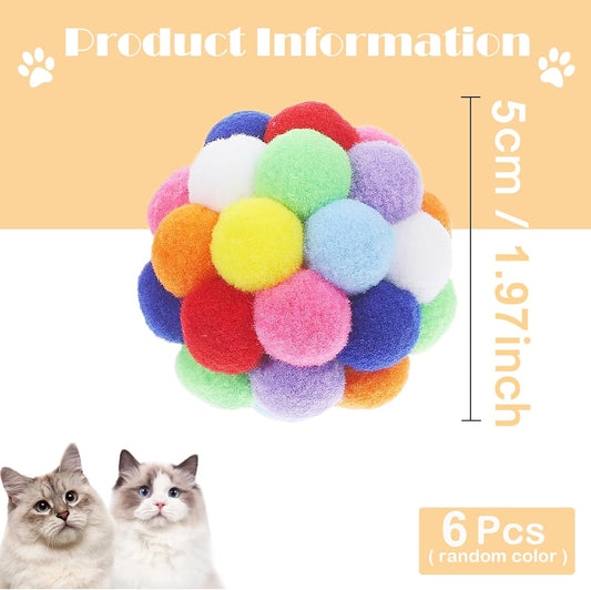 Six pack multicolored fuzzy chew balls for indoor cats exercise