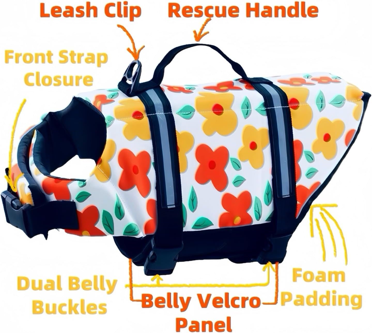 YorkieGogo floral pattern newborn dog swimsuit laying flat showing all three safety buckles.