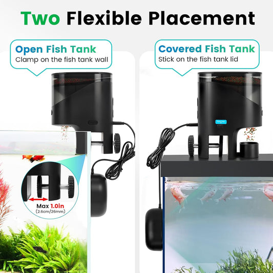 Fishkeeper smart aquarium feeder side view highlighting the integrated high-definition two point five K camera lens.
