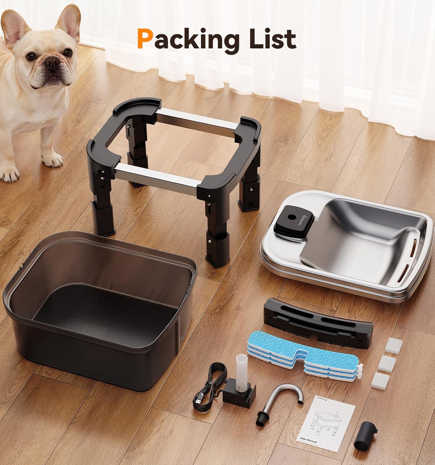 9L/2.38Gal Dog Water Fountain Elevated with 4-Height Adjustable Stand, FeelNeedy Large Pet Water Dispenser with Durable Ultra-Quiet Pump & 304 Stainless Steel Tray, Water Fountain for Dogs Indoor - Image 9