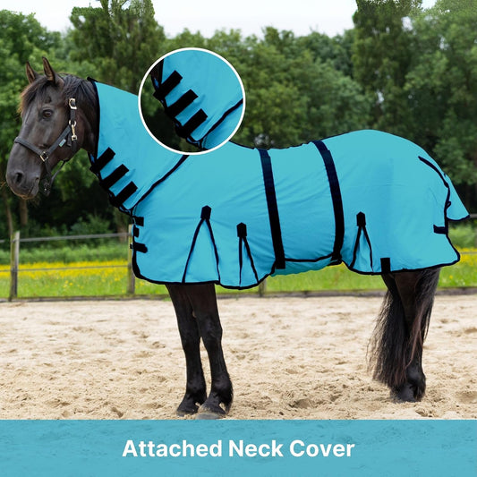 Resistance horse blanket with attached neck cover and belly guard close up detailing