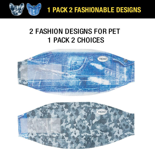 Side view of Dono male dog diaper belly bands with camouflage and fashion patterns