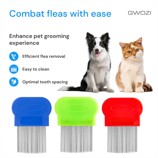 Fine metal teeth flea brush for cats and dogs removing lice close up view.