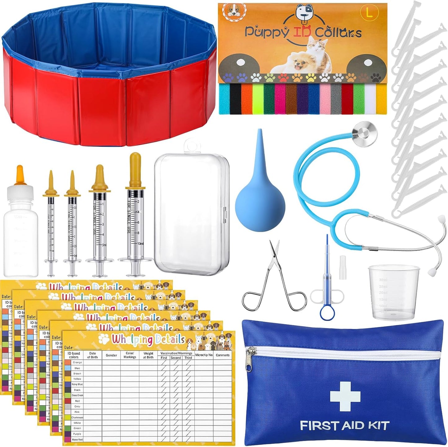 Arrowbash comprehensive 57-piece professional breeder whelping kit layout showing all included medical and nursing accessories.