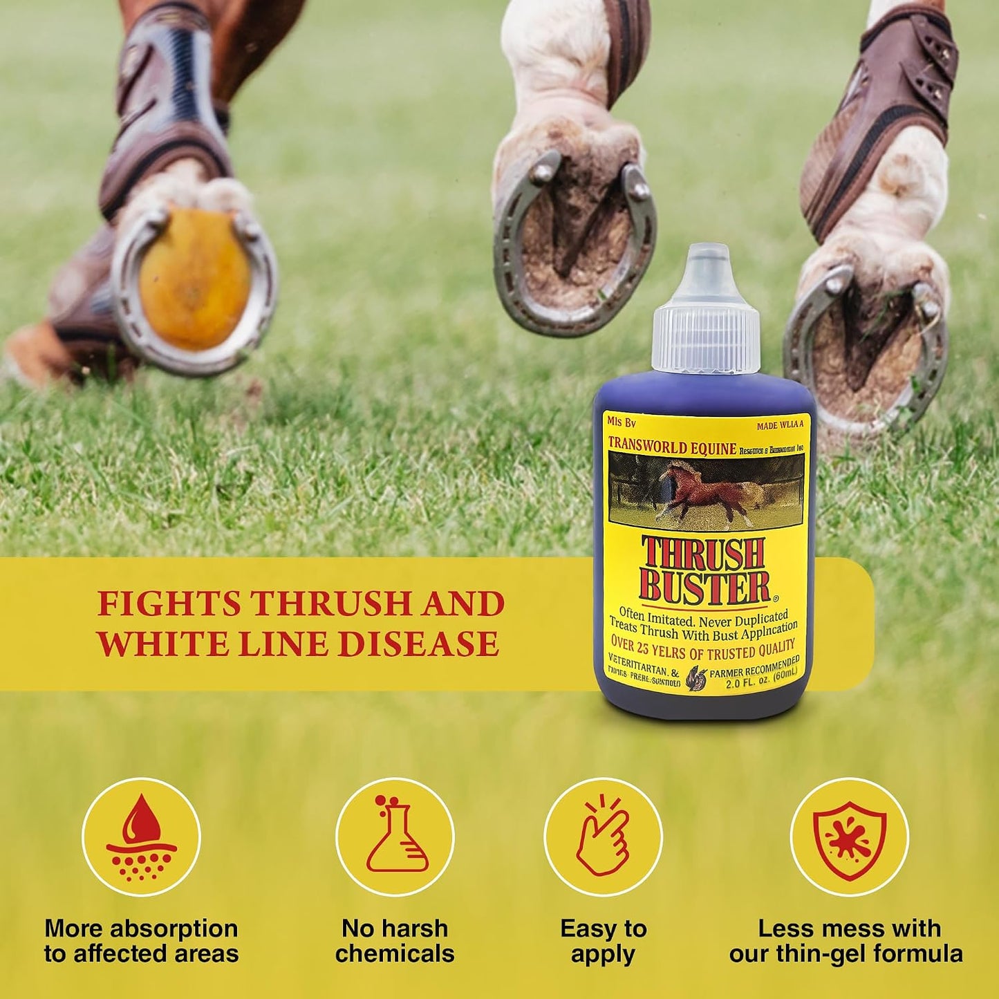 Authentic Thrush Buster premium horse farrier product container setup on plain background