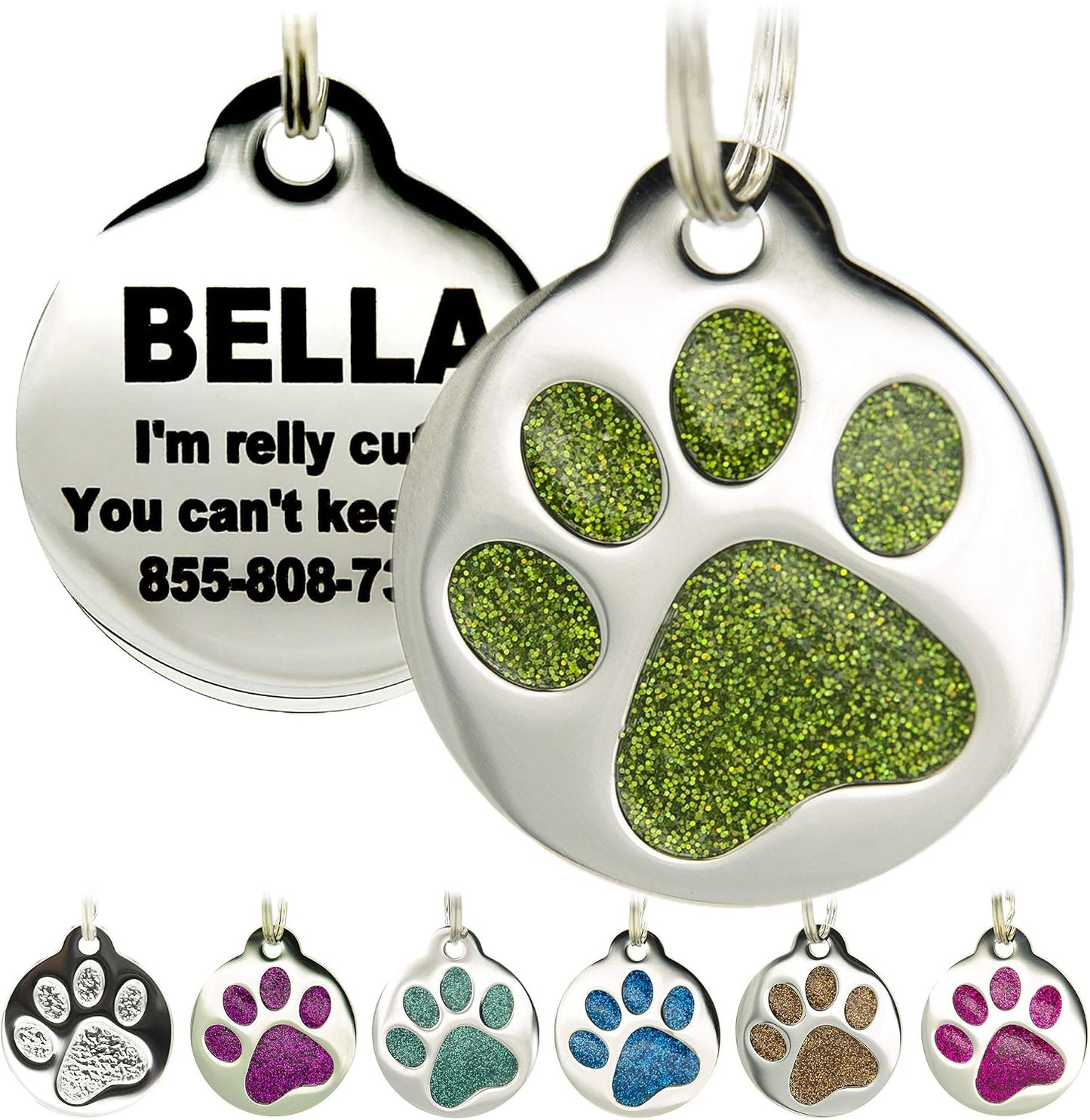 Engraved Pet Tag for Dogs & Cats - Personalized with 4 Lines of Custom Engraved ID, Round Paw Print Stainless Steel Enameled in 6 colors: Ocean Blue, Aquamarine, Deep Pink, Magenta, Pale Green, Amber - Image 11