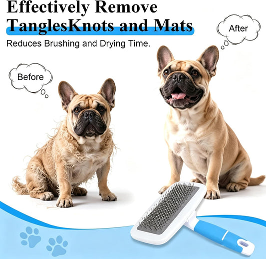 Self cleaning slicker dog brush with ergonomic silicone grip handle.